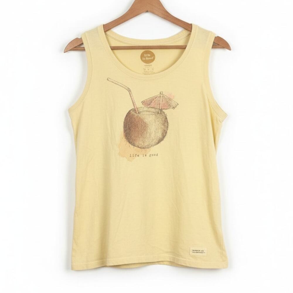 Life is Good Womens M Tropical Coastal Nautical Resortwear Coconut Graphic Tank